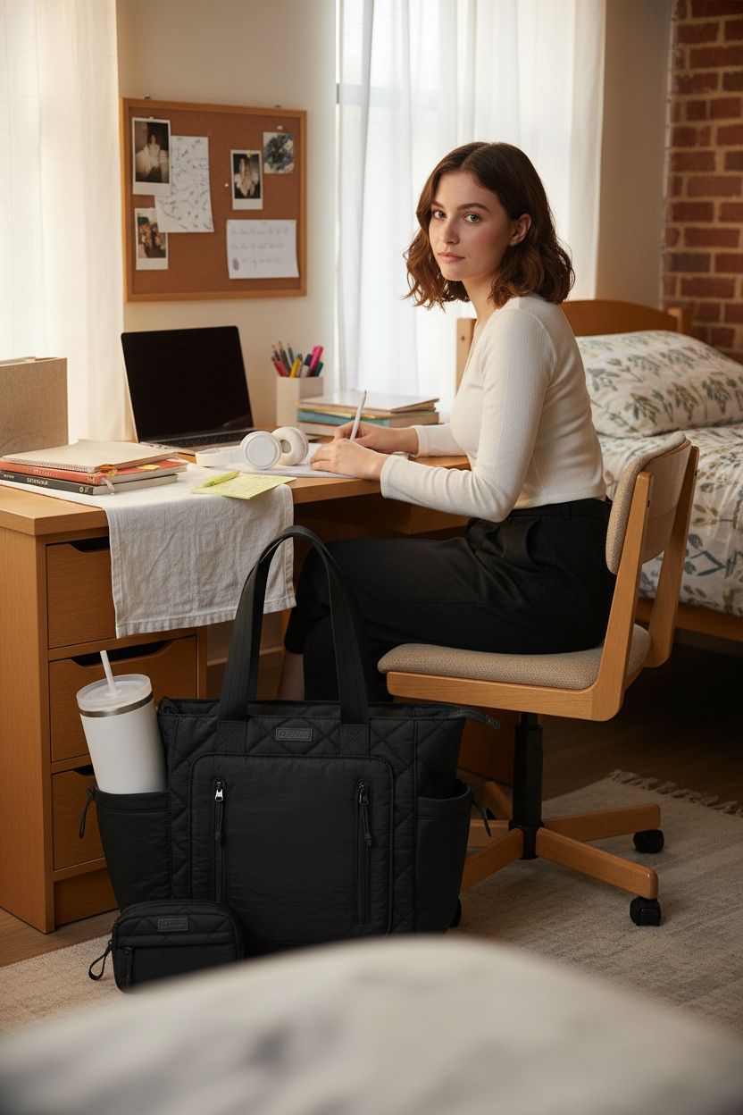 Bagstellar black quilted tote bag beside study materials in a stylish dorm study corner.