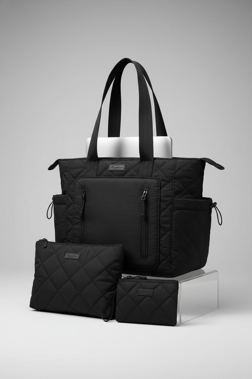Bagstellar puffer tote bag with matching pouches on a gray backdrop, showcasing quality and style.