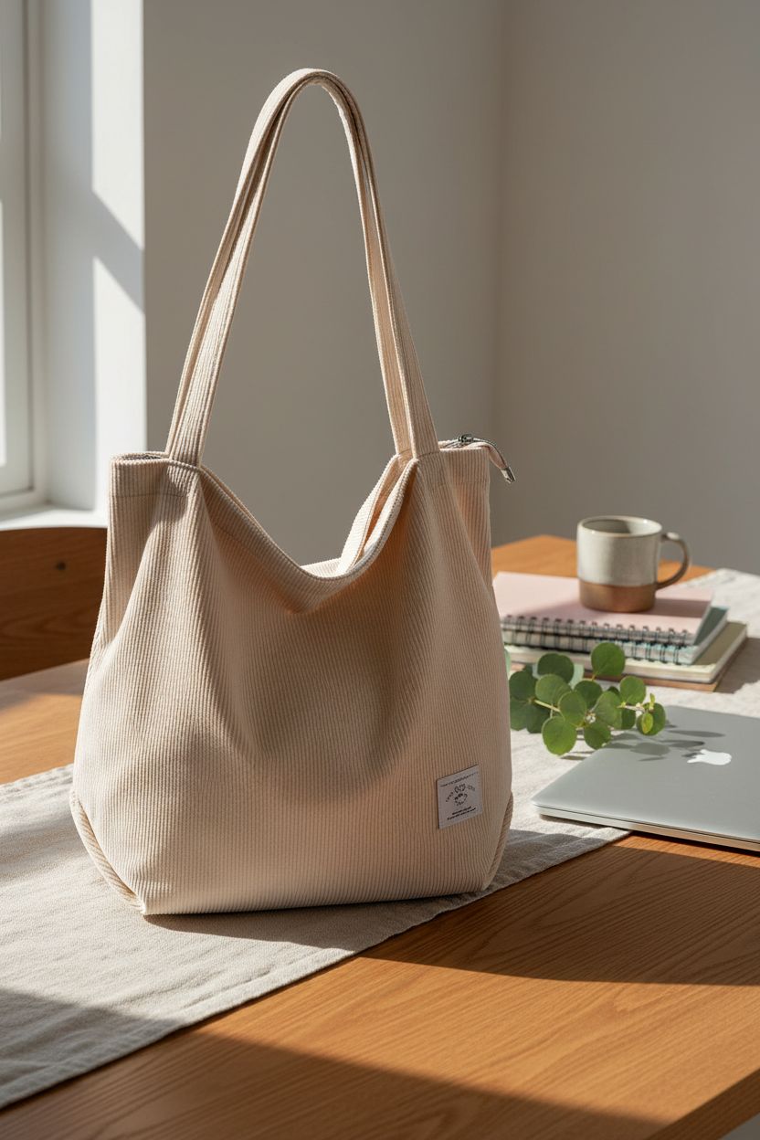 KALIDI cream corduroy tote bag beside a laptop and notebooks, showcasing its capacity