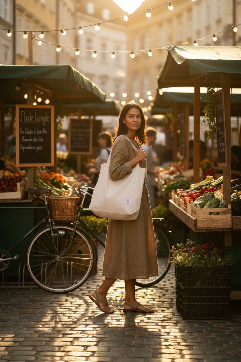 KALIDI cream white corduroy tote bag on shoulder in a market, ideal for errands