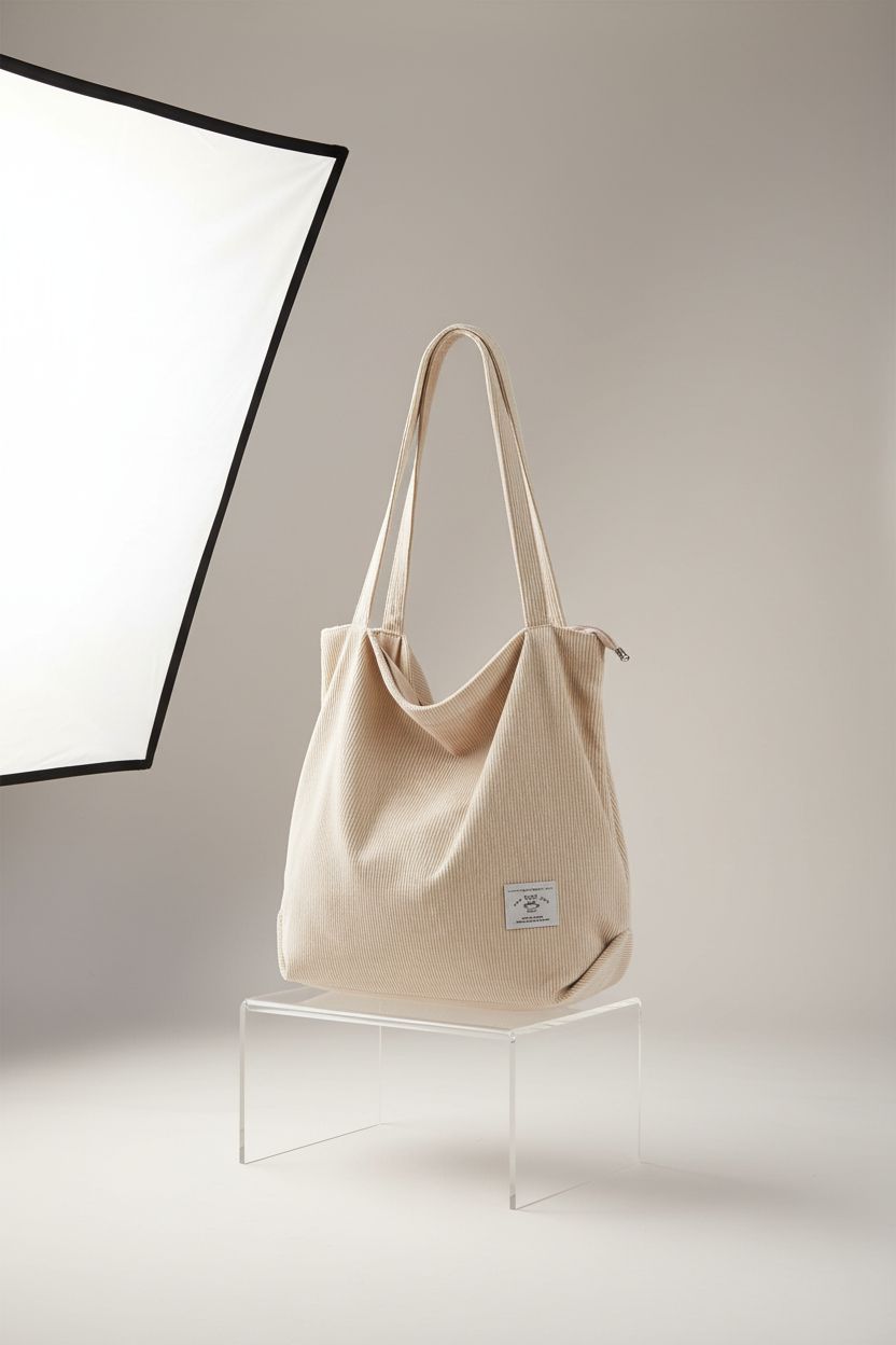 KALIDI cream corduroy tote bag showcasing texture, stitching, and craftsmanship in a minimal product shot