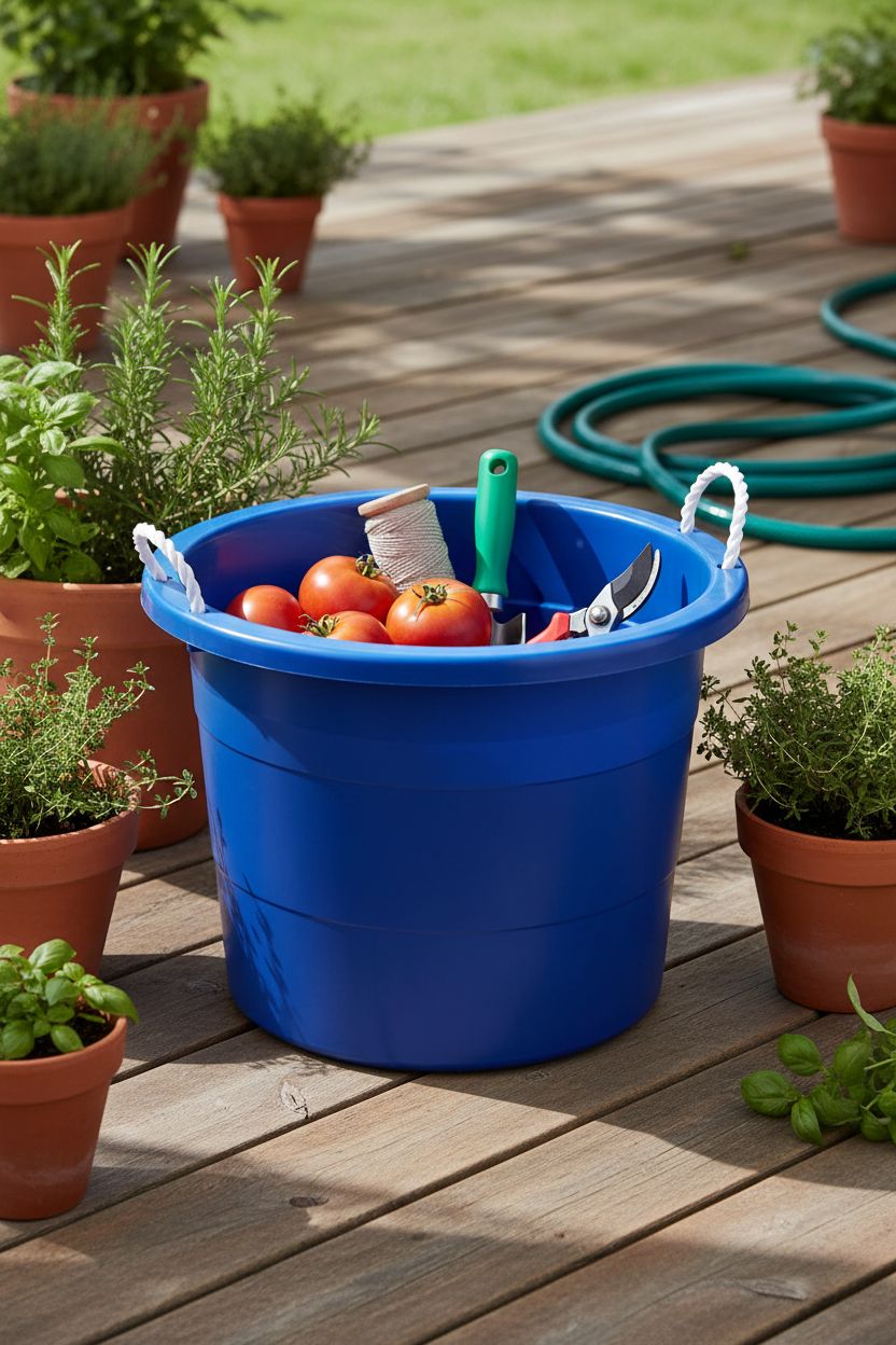 United Solutions blue tote bucket resting on a jute mat in a potting corner with garden tools
