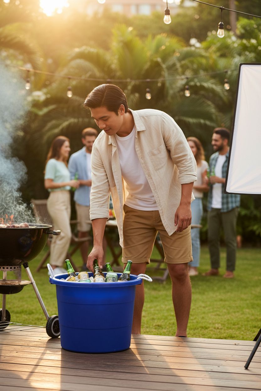 United Solutions blue tote bucket with rope handles filled with towels in a modern laundry room