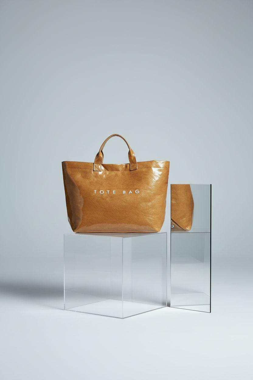 MINGRI Large tote bag showcased on acrylic cube, highlighting glossy PVC and craftsmanship
