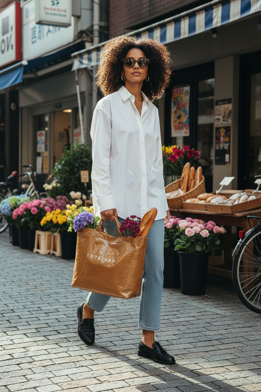 Kraft brown tote bag by MINGRI filled with flowers and a baguette, perfect for weekend markets