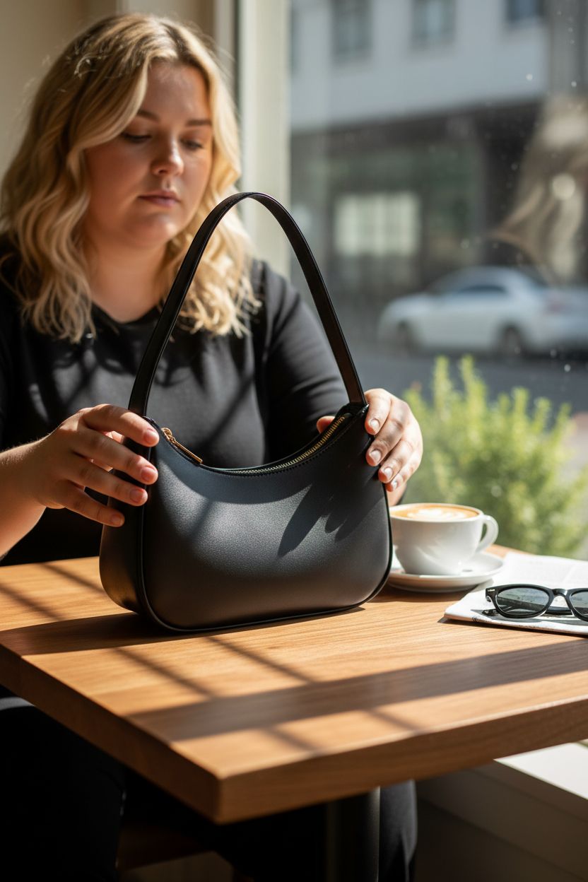 CYHTWSDJ shoulder bag elegantly displayed in café, highlighting PU leather and stylish design.