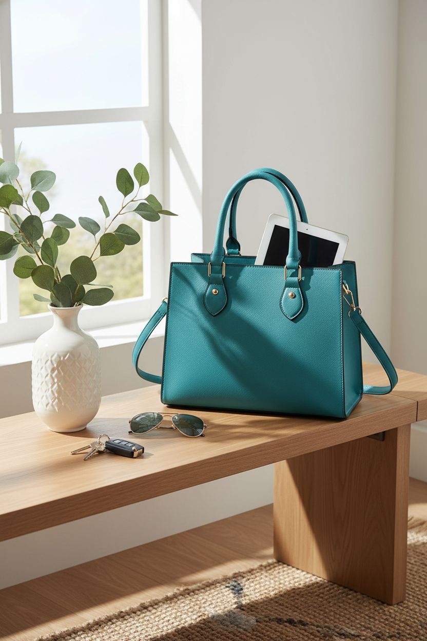 CHICAROUSAL turquoise bag on an oak bench, showcasing its stylish design and practical use.