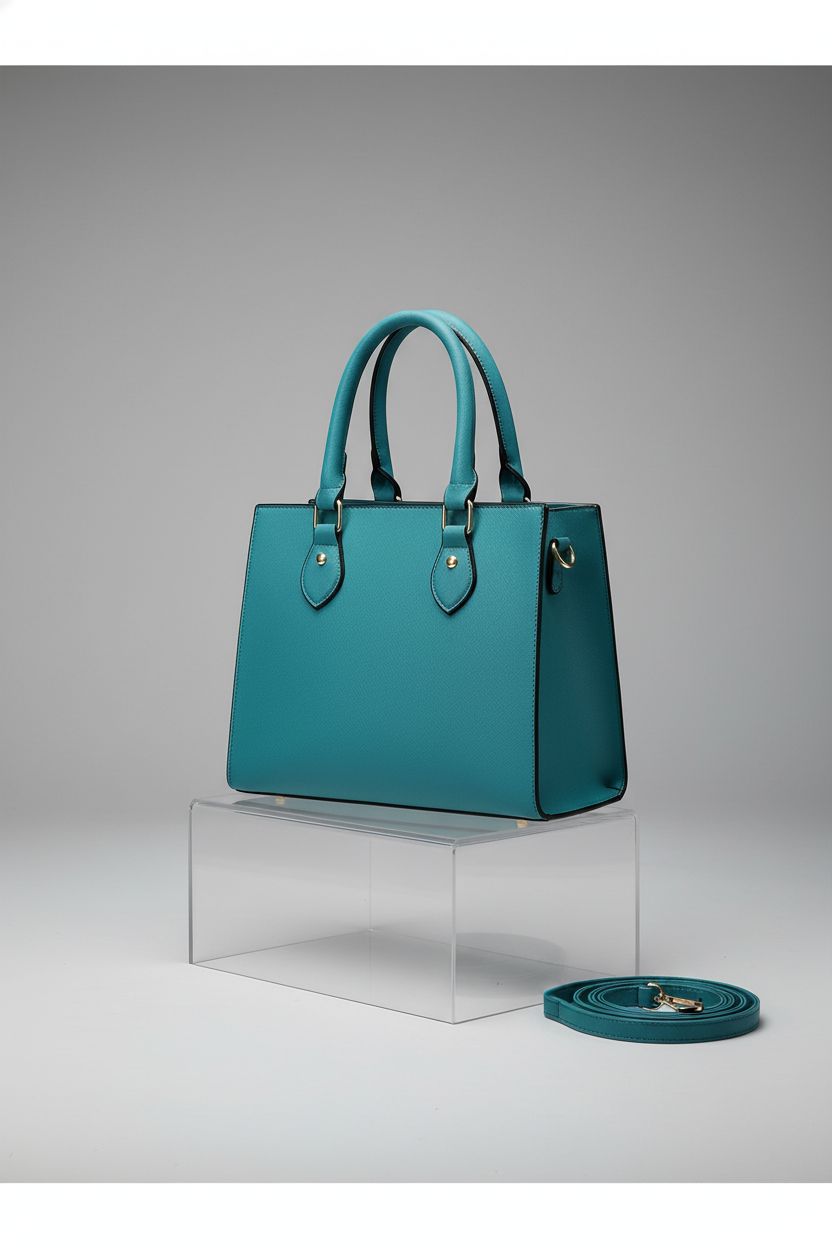 Product shot of CHICAROUSAL turquoise bag highlighting its structured design and gold hardware.