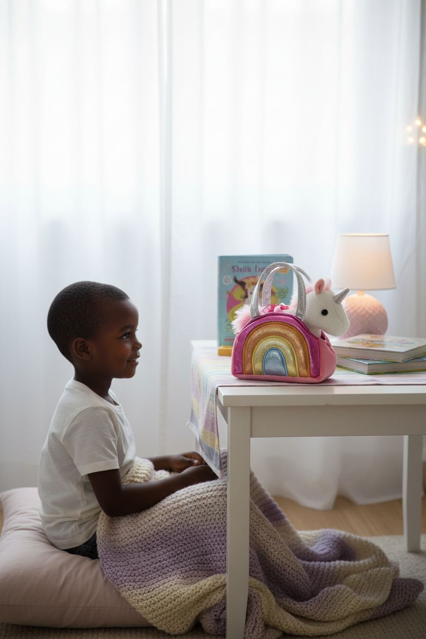 Aurora unicorn purse resting on a kids' table in a cozy reading nook, ready for adventures.