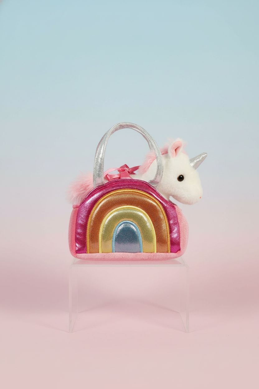 Aurora unicorn purse showcased on a pastel backdrop with a shiny metallic finish.