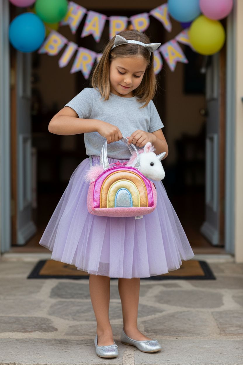 Aurora unicorn purse being adjusted by a child wearing a lavender tulle skirt before a birthday party.