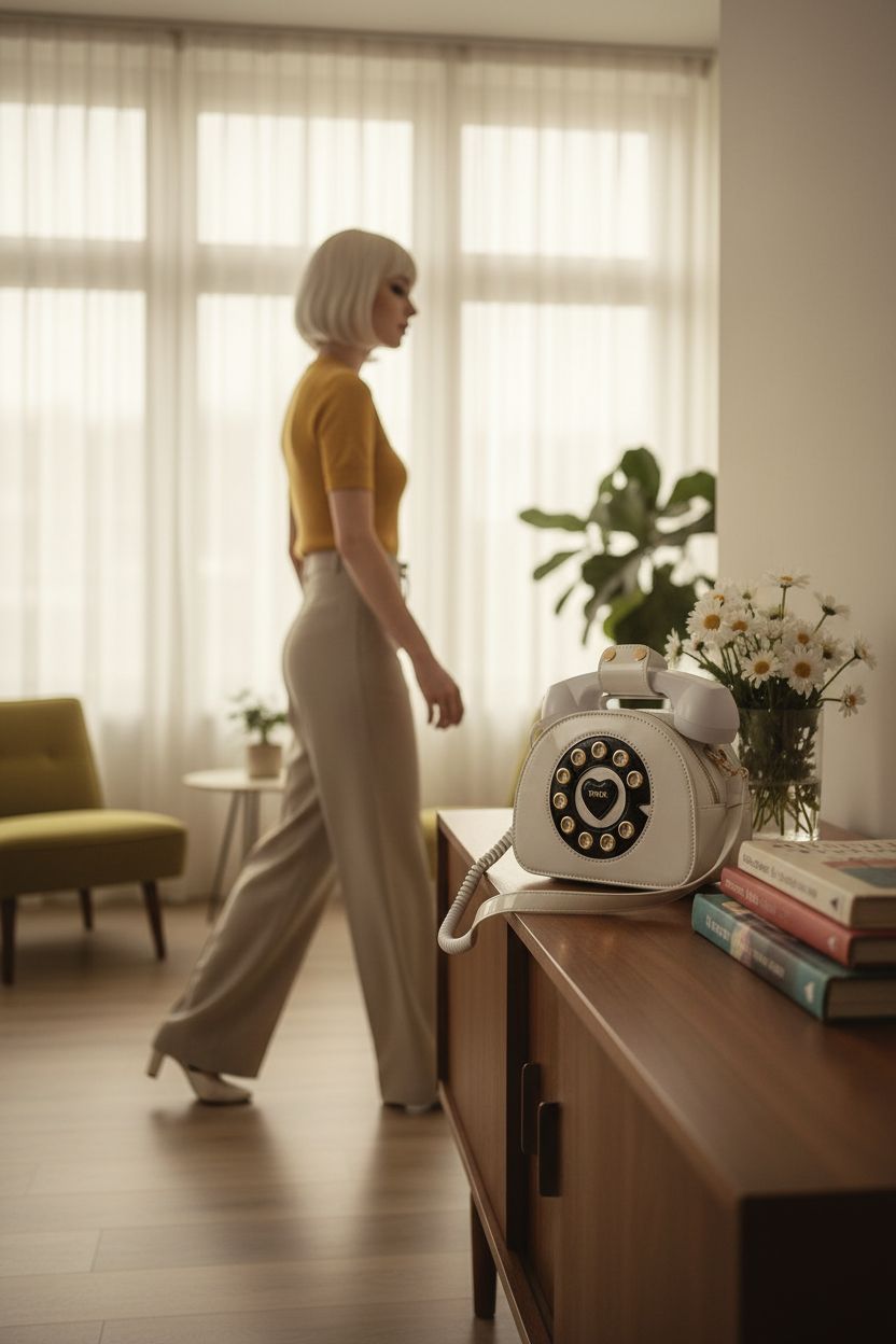 QiMing Retro telephone purse resting on a mid-century sideboard, evoking nostalgia.