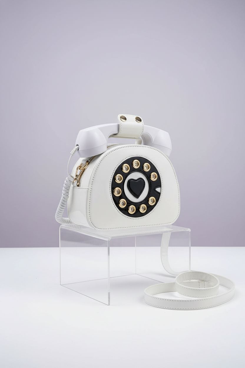 Close-up of QiMing unique white purse featuring rotary dial and gold hardware on acrylic display.