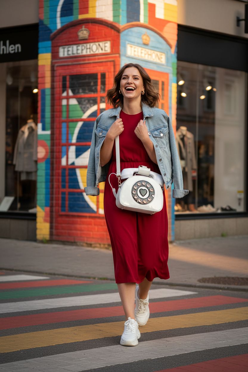 QiMing white crossbody bag with rotary dial, vibrant backdrop of a vintage mural.