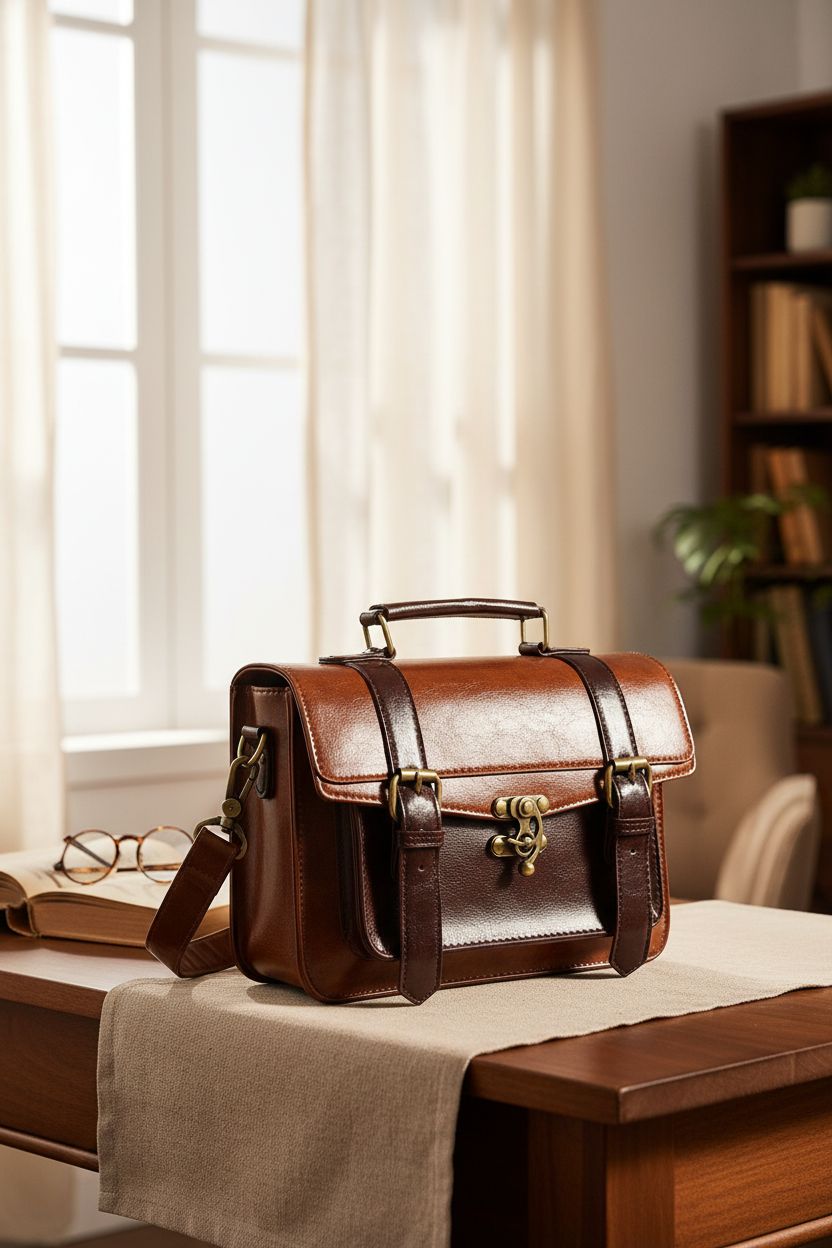 ECOSUSI crossbody bag elegantly placed on a walnut desk, surrounded by vintage books and soft lighting.