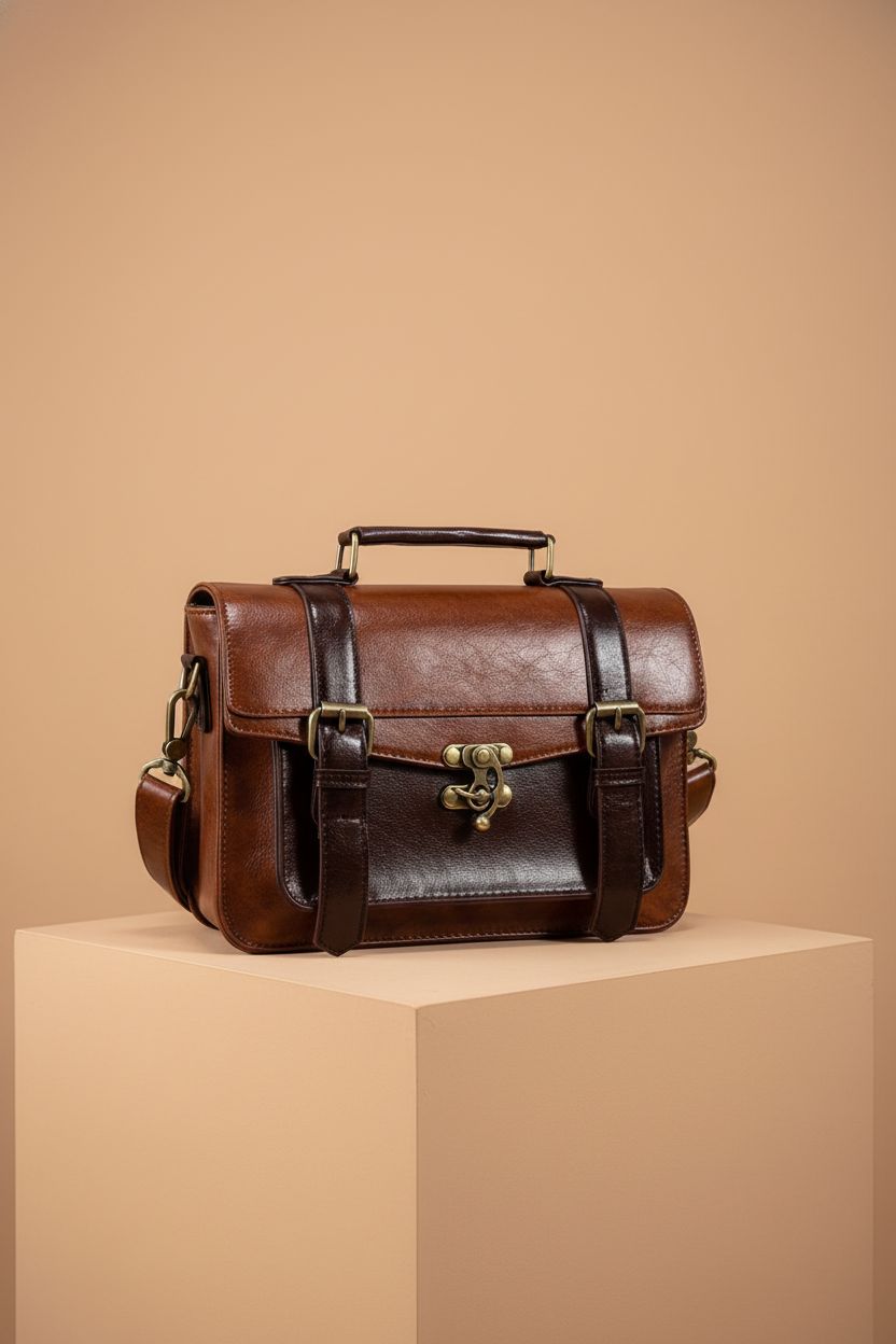 ECOSUSI structured PU leather satchel purse displayed on a sand-colored backdrop, showcasing fine details.
