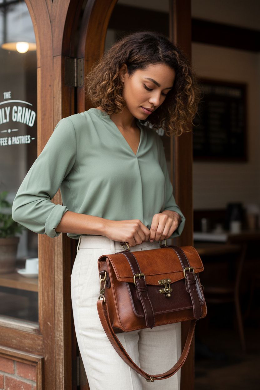 ECOSUSI coffee leather satchel purse showcased outside a cozy café, highlighting its elegant clasp and design.