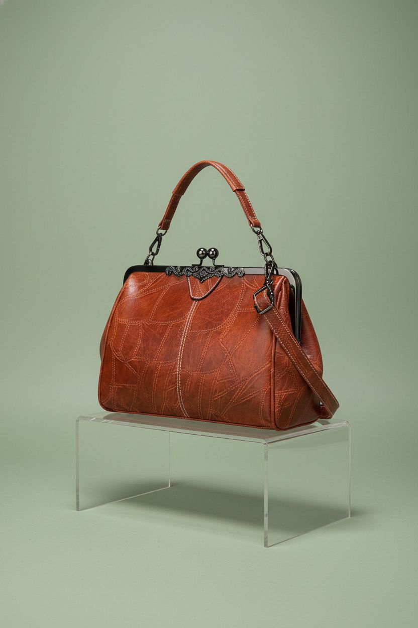 Segater warm cognac handbag on a sage background, highlighting its oil-wax leather and kiss-lock design.