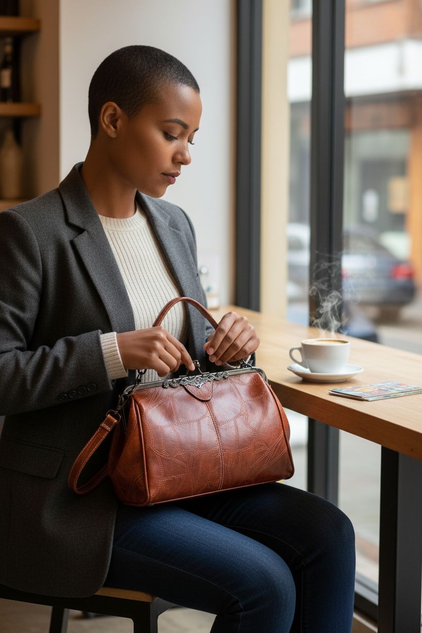 Segater retro hollow oil wax PU leather handbag in warm cognac by a café window, stylish and unique.