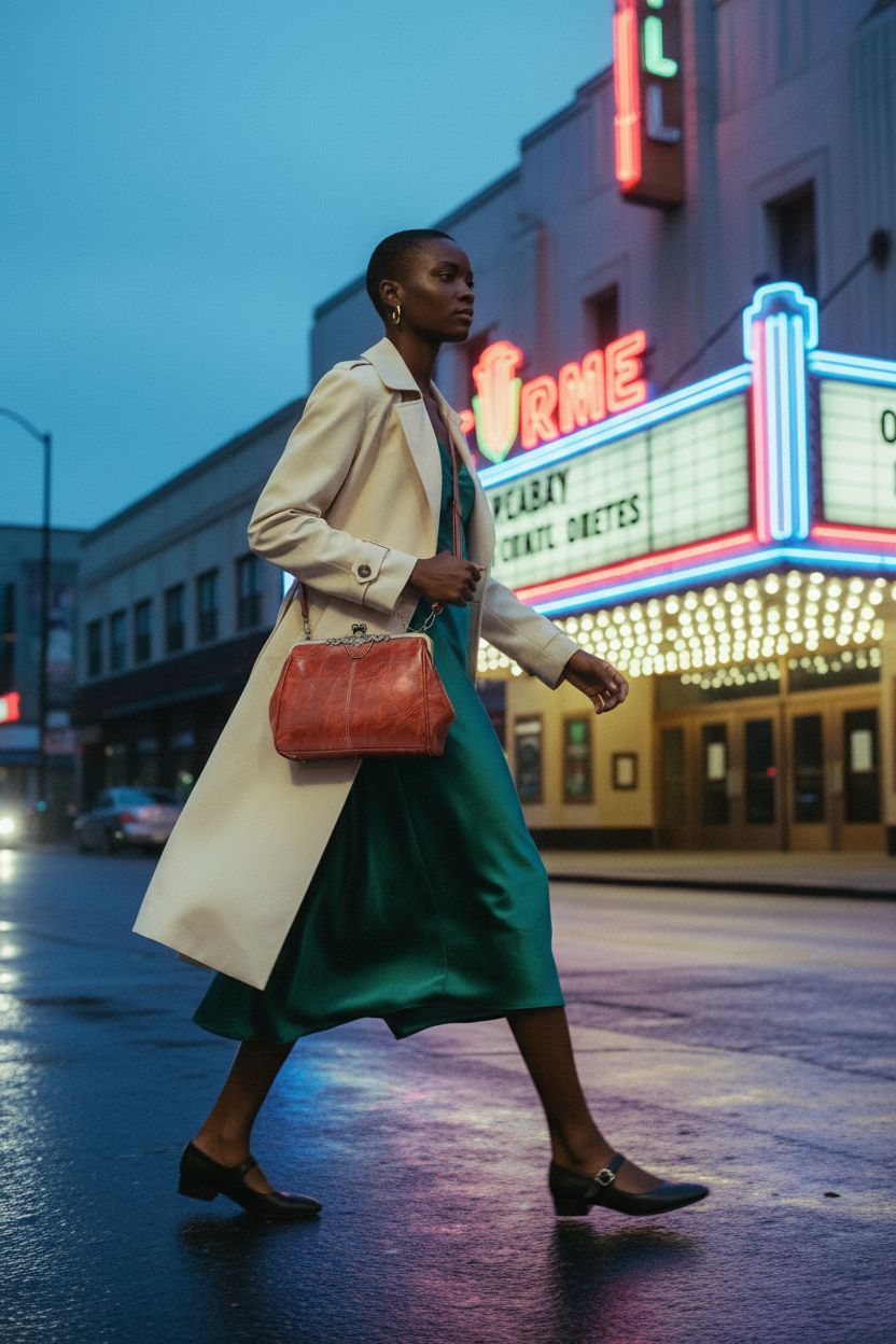 Segater warm cognac kiss-lock handbag swinging by an art-deco cinema, perfect for a night out.