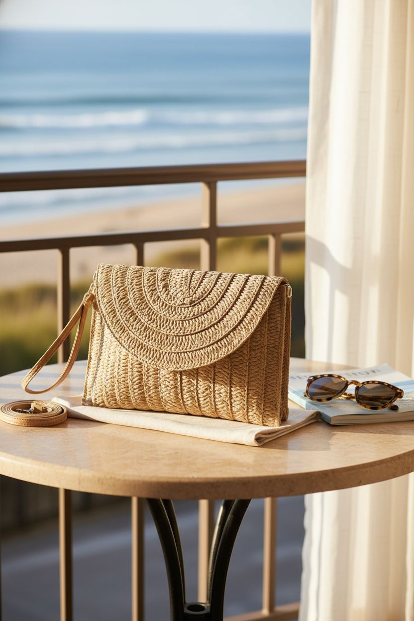 COOKOOKY straw clutch placed on a bistro table with travel essentials, creating a relaxed vibe.
