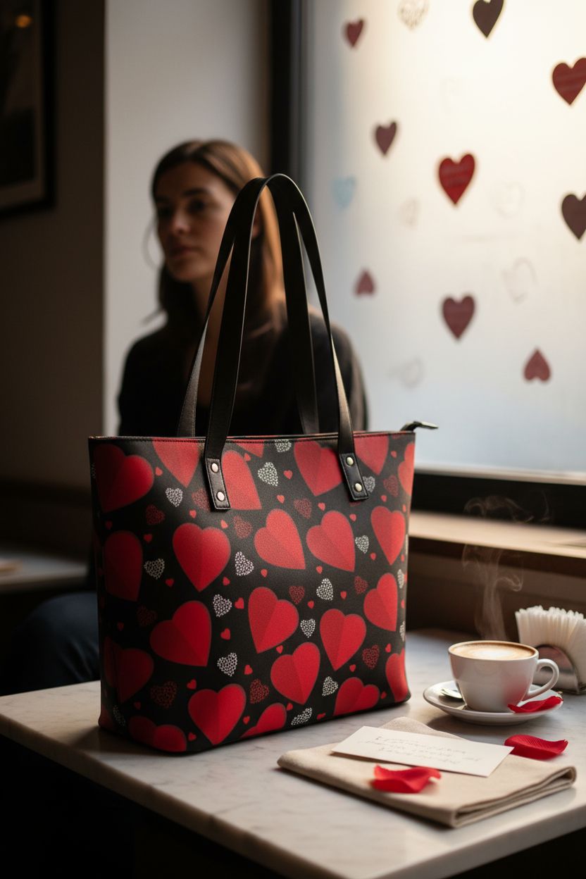CWECVWE Valentine's Day purse on a café table, surrounded by roses and a latte.