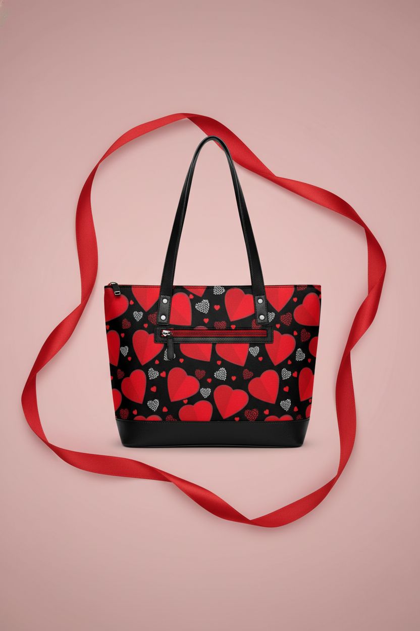 CWECVWE Valentine's Day tote, black leather with love hearts, stylish and spacious.