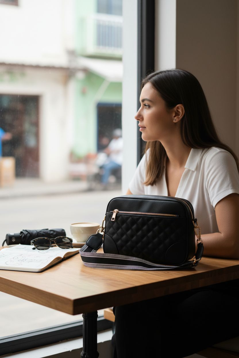 FYY small quilted vegan crossbody bag beside a latte and notebook in a cozy café setting.