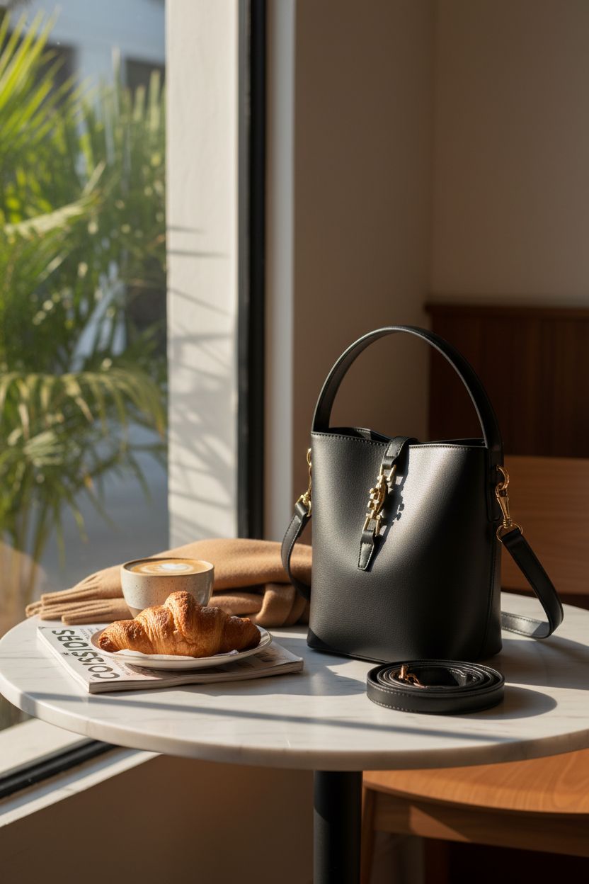 BOSTANTEN vegan leather bucket bag in a cozy café setting with an oat-milk latte