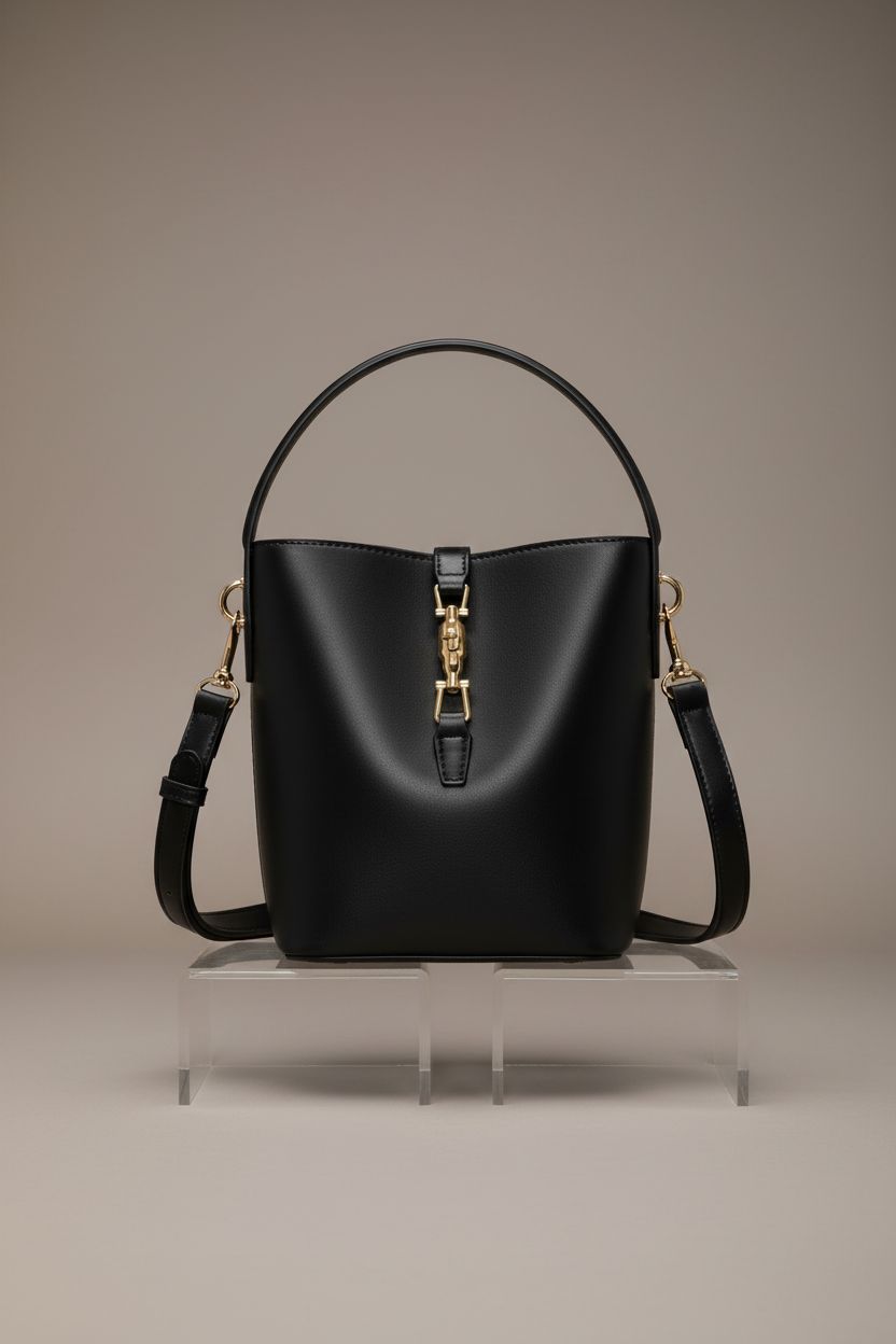 BOSTANTEN black bucket bag showcasing vegan leather texture and gold lock hardware