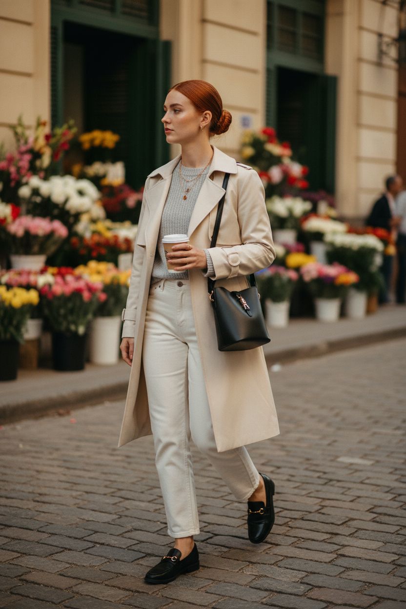 BOSTANTEN black vegan leather bucket bag styled with a cream trench coat in a chic market
