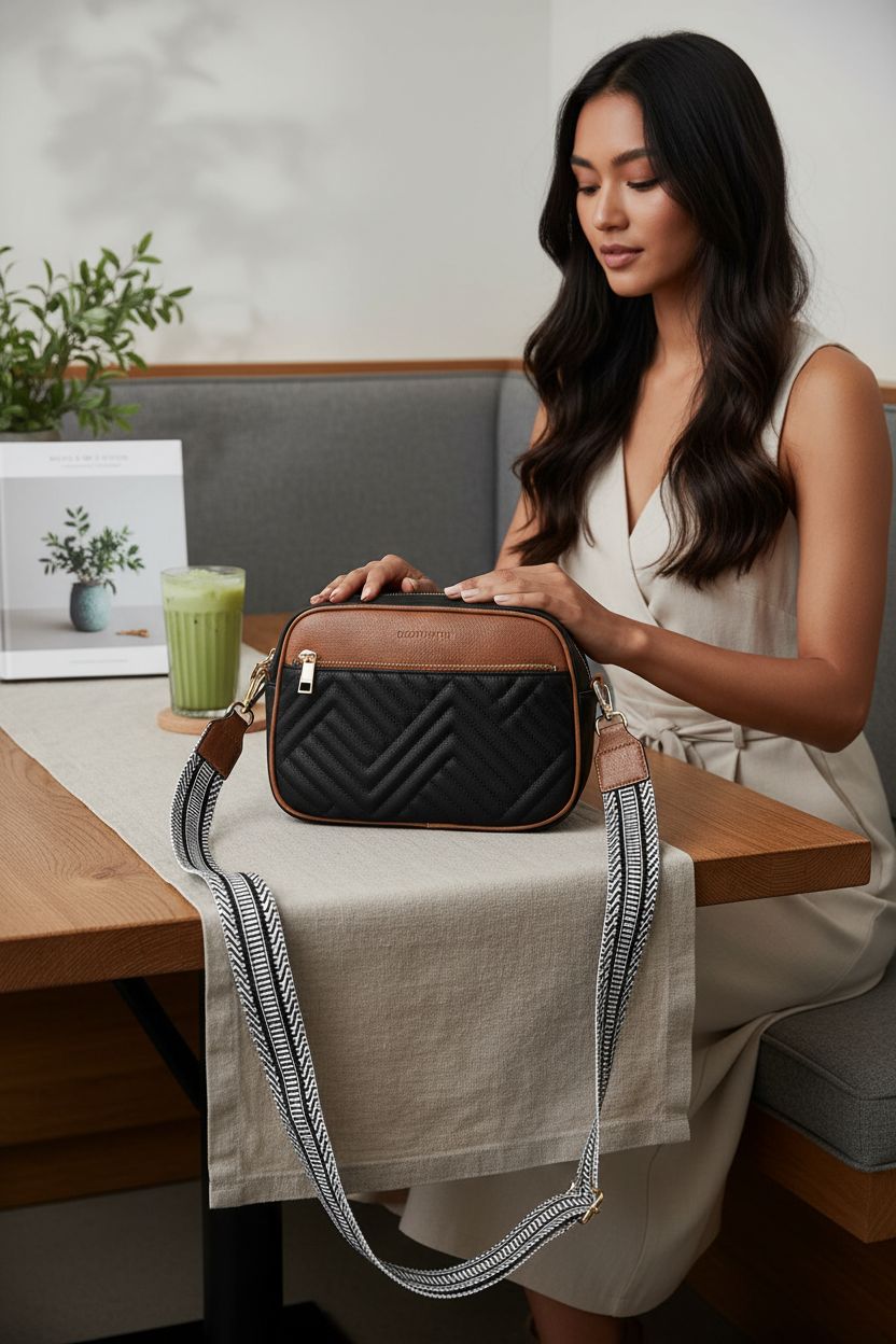 BOSTANTEN quilted crossbody bag elegantly displayed on a table with a plant-based cookbook and iced matcha.