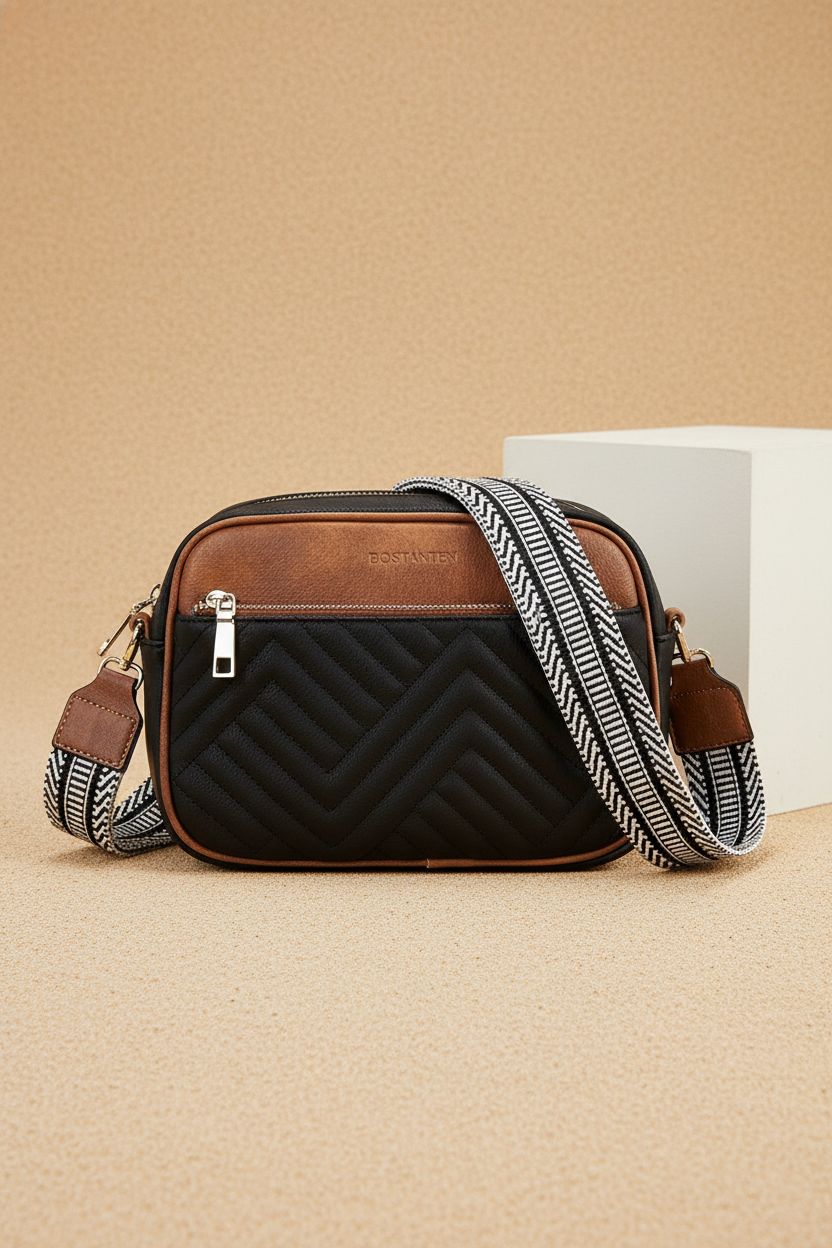 BOSTANTEN black quilted crossbody bag on a minimal background, highlighting its design and vegan material.