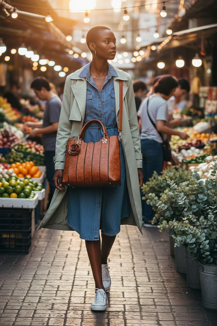 rofozzi vegan leather handbag in warm brown at a vibrant market, showcasing texture and style