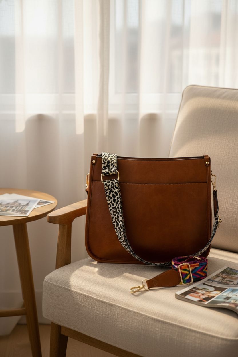 AUYOCO cognac vegan leather bag on a stylish lounge chair with magazine