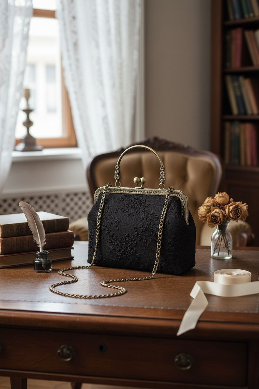 Rejolly Victorian purse on antique desk in a cozy reading nook, showcasing its romantic design.