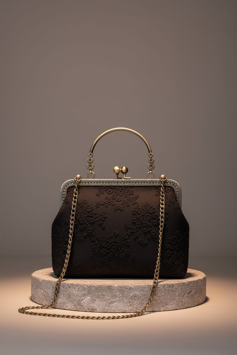 Rejolly vintage black lace purse displayed on a pedestal, highlighting its exquisite craftsmanship.