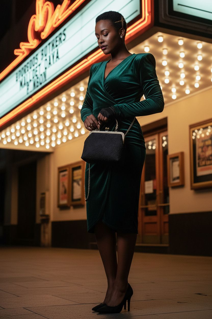 Rejolly vintage black lace kiss lock purse held under marquee lights, perfect for evening outings.