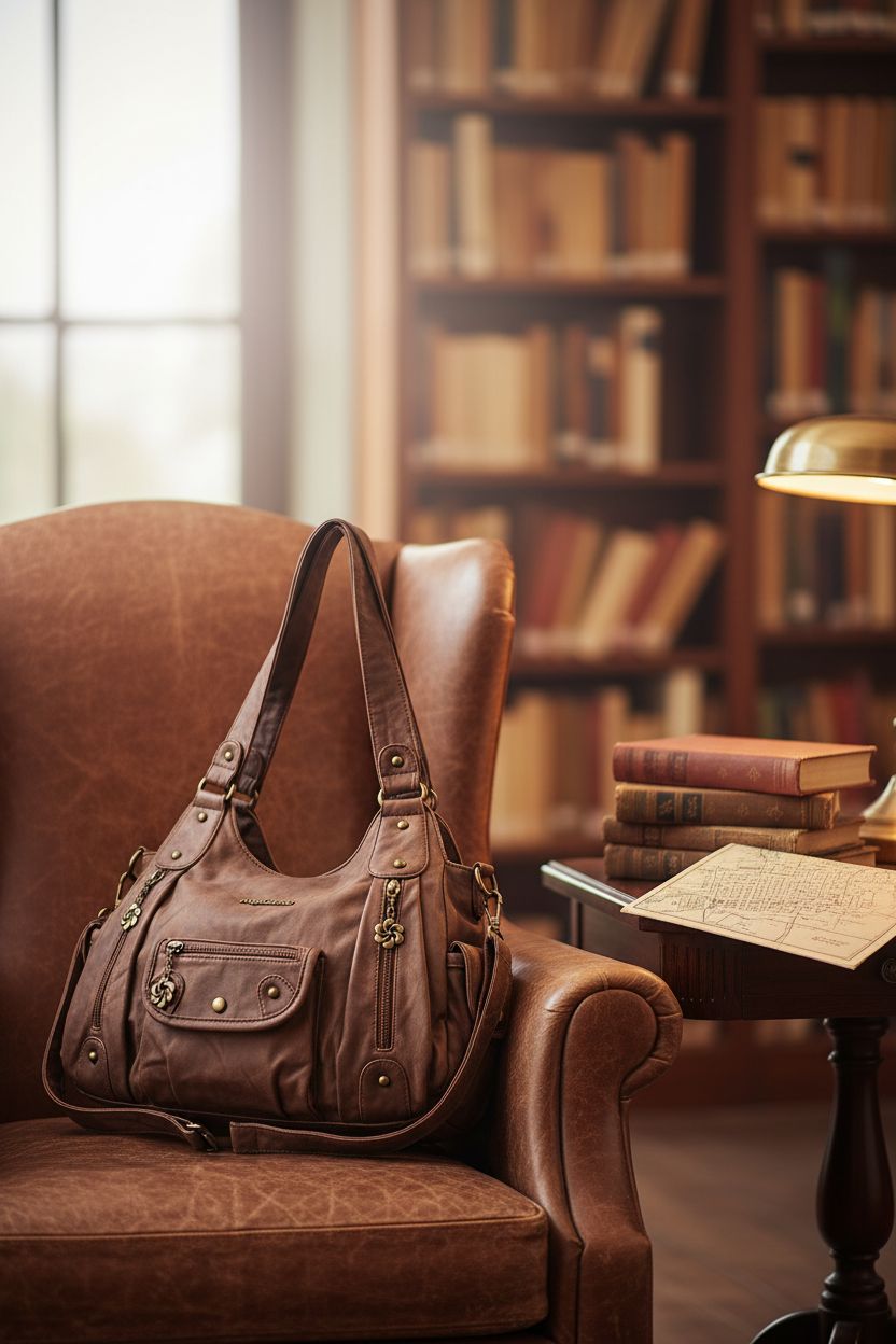 Vintage-inspired Angel Barcelo bag on leather armchair in cozy library nook