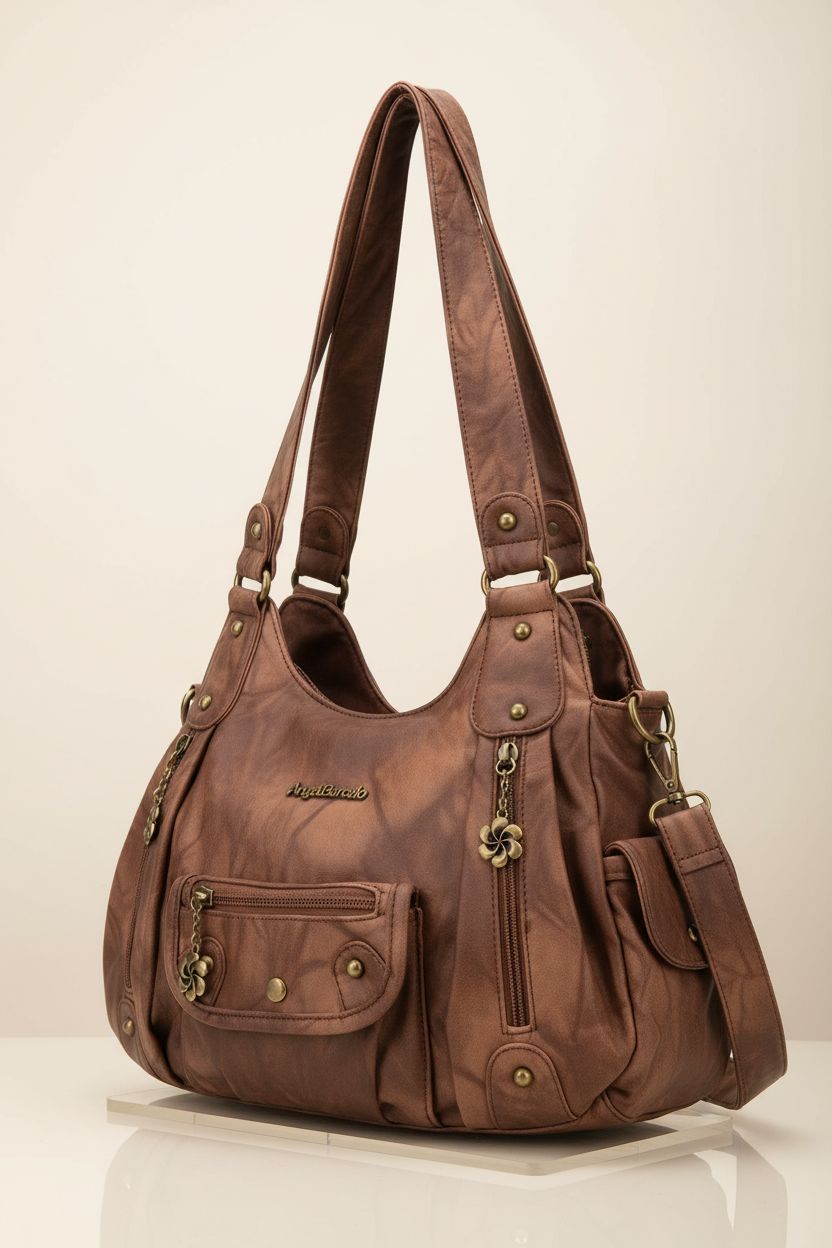 Angel Barcelo PU leather shoulder bag showcased on cream seamless backdrop