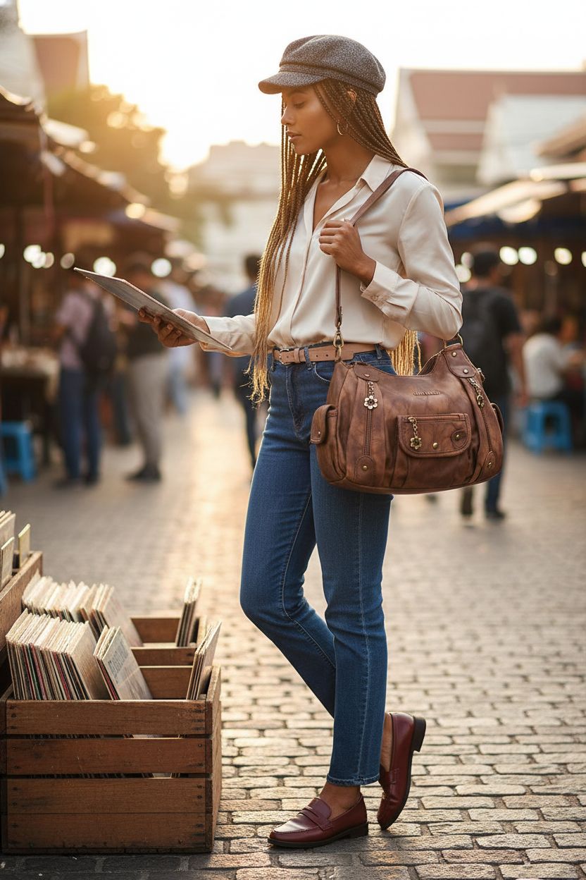 Stylish brown hobo bag by Angel Barcelo resting on shoulder in vintage market setting