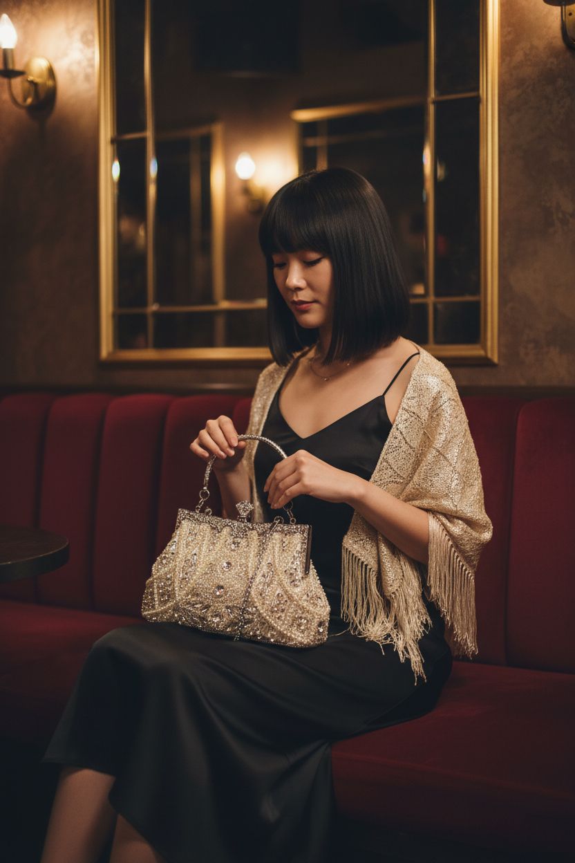 WRINGKIT champagne beaded clutch purse on a velvet banquette in an elegant setting