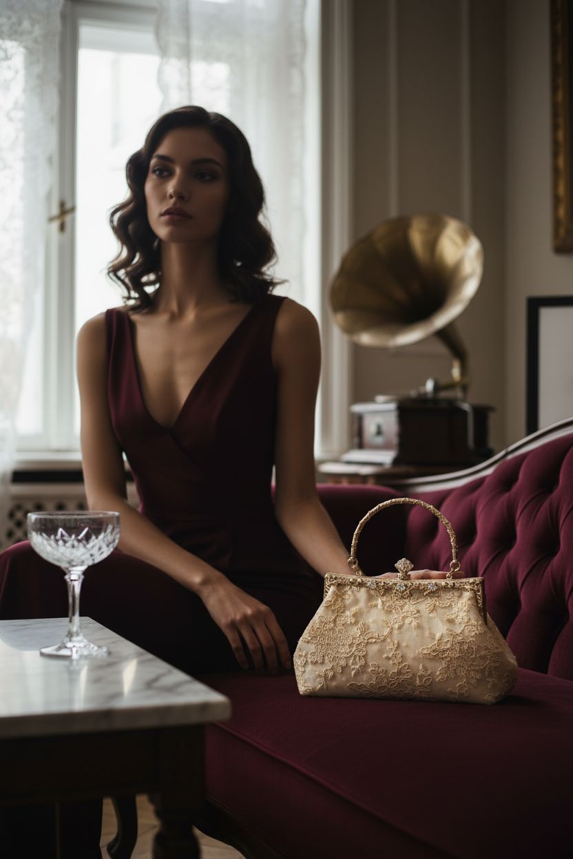 UBORSE vintage lace clutch purse on a velvet chaise in a cozy parlor nook