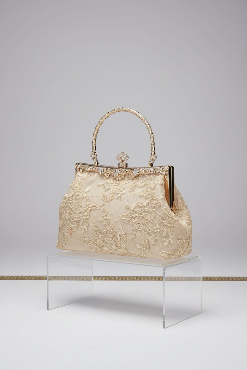 Close-up shot of UBORSE 1920s vintage floral lace clutch bag on a gray backdrop