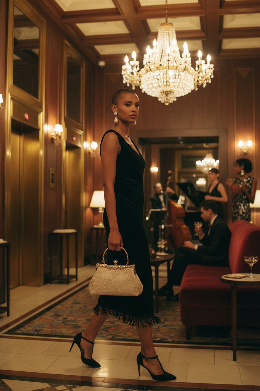 UBORSE 1920s vintage floral lace clutch purse in elegant hotel lobby setting