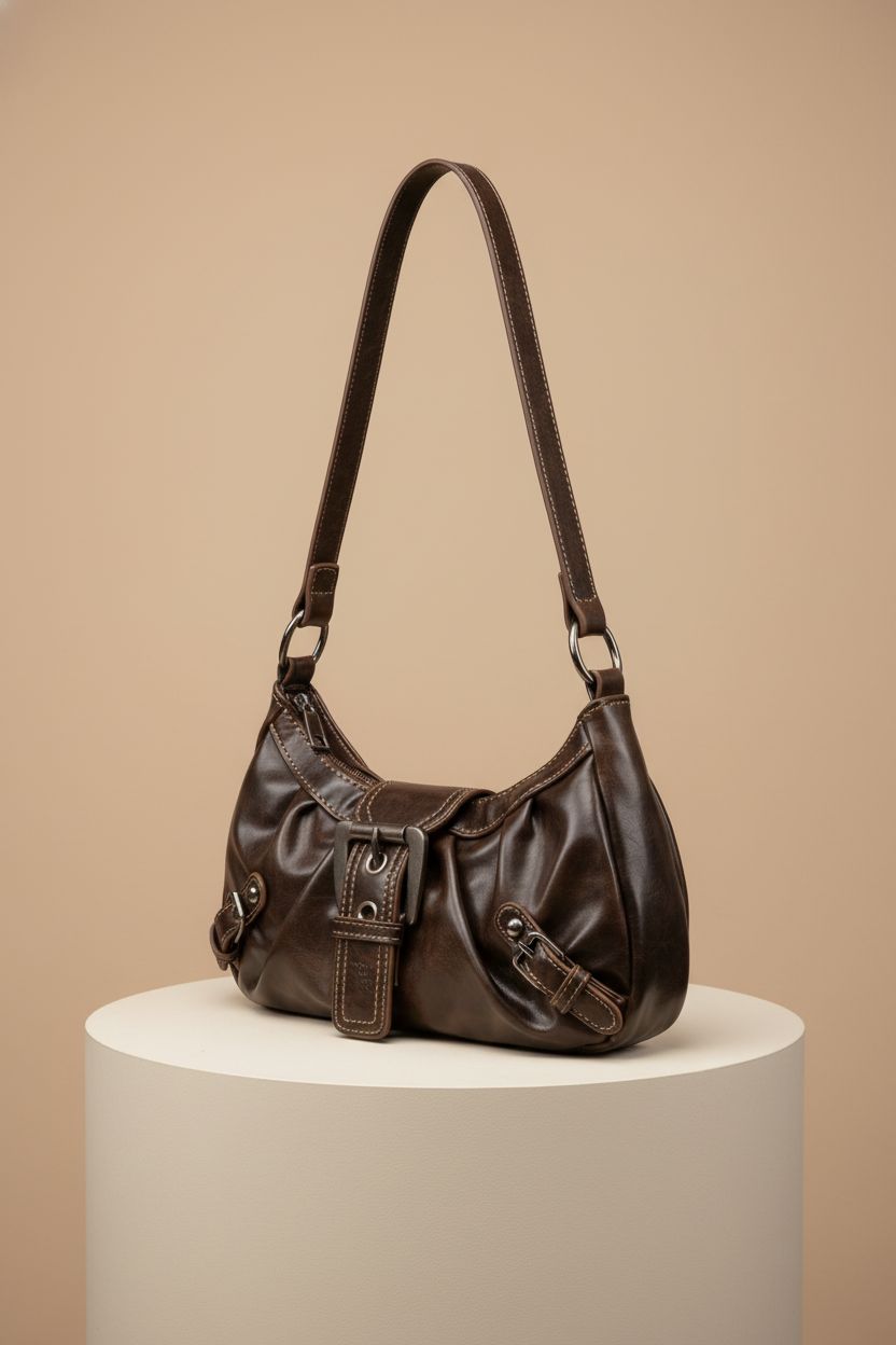 Liadreem coffee-brown Y2K hobo bag on a minimalist pedestal, showcasing its sleek design.