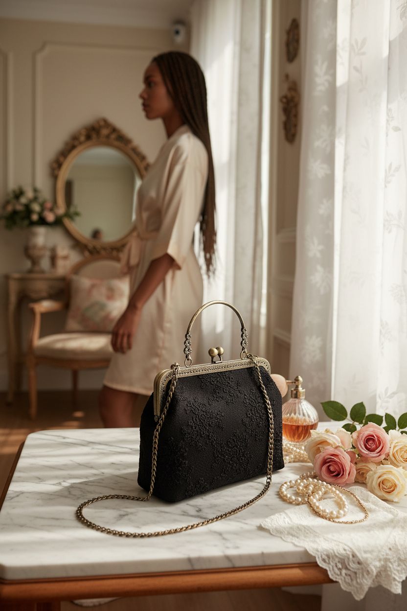 Rejolly vintage handbag on a marble vanity, creating a nostalgic 1950s atmosphere