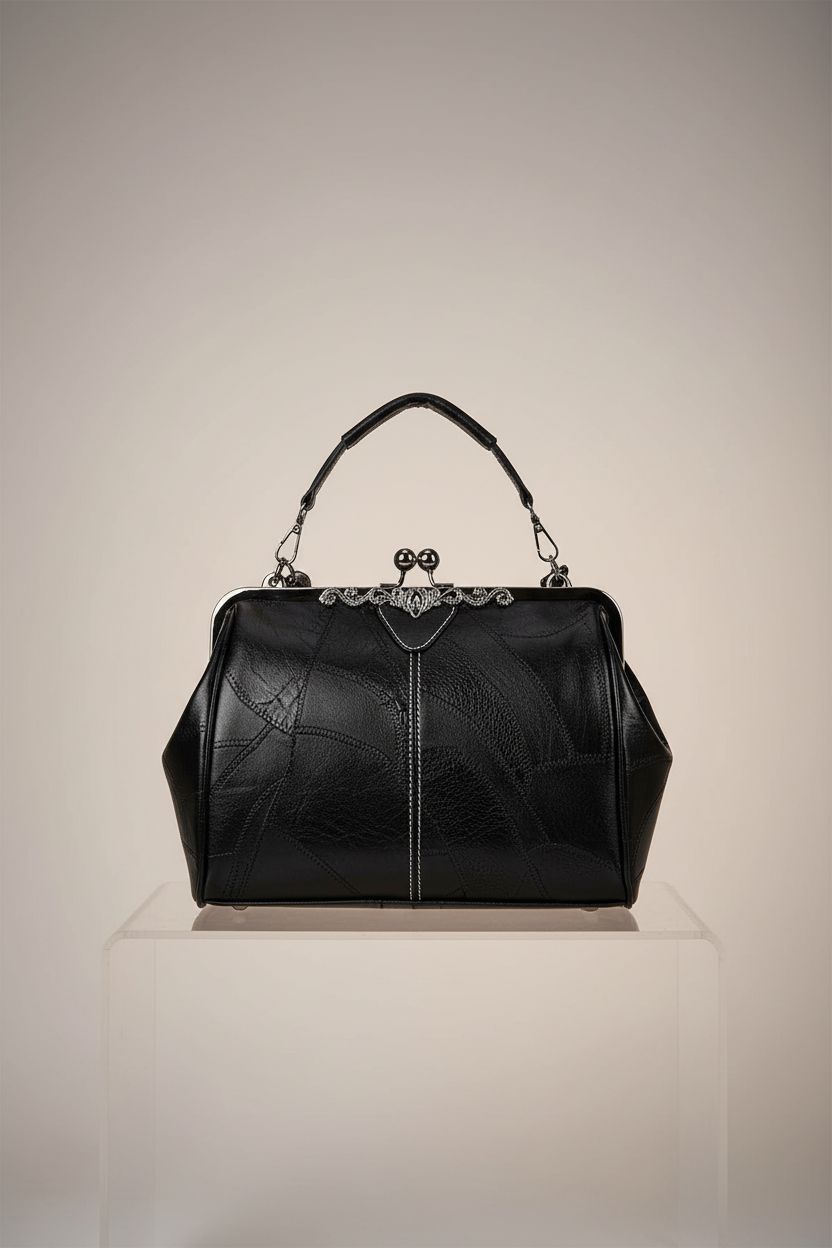 Black oil-leather structured vintage handbag with kiss-lock closure on display, Wivmypog