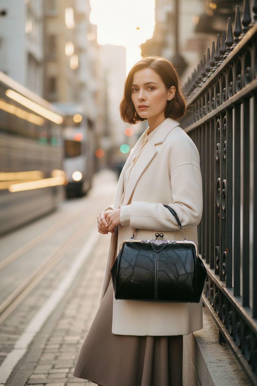 Black oil leather vintage handbag with kiss-lock closure against warm tones, Wivmypog