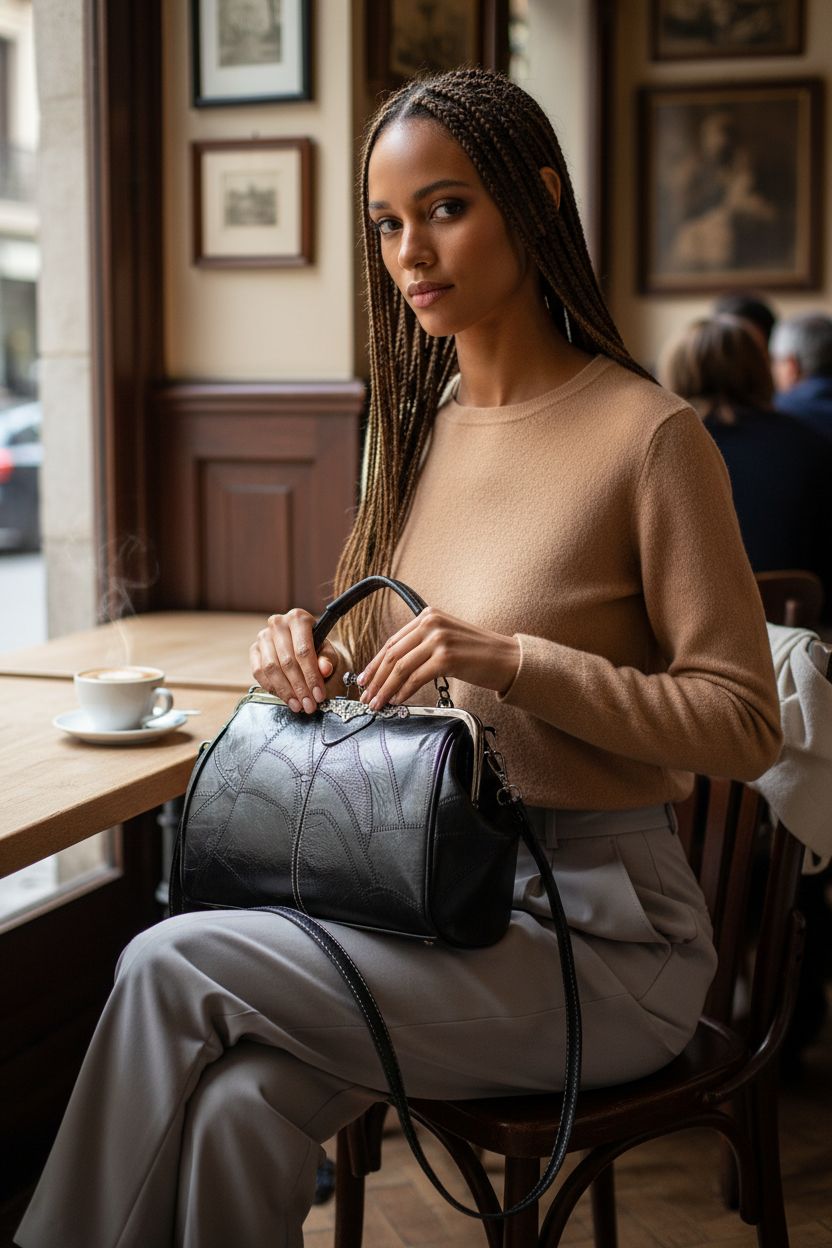 Elegant black oil-leather kiss-lock handbag on lap in cozy bistro, Wivmypog